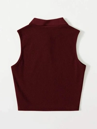 Collared Buttoned Half Placket Tank Top - lycra, M (Bust Size: 32 in, Length Size: 18 in) 