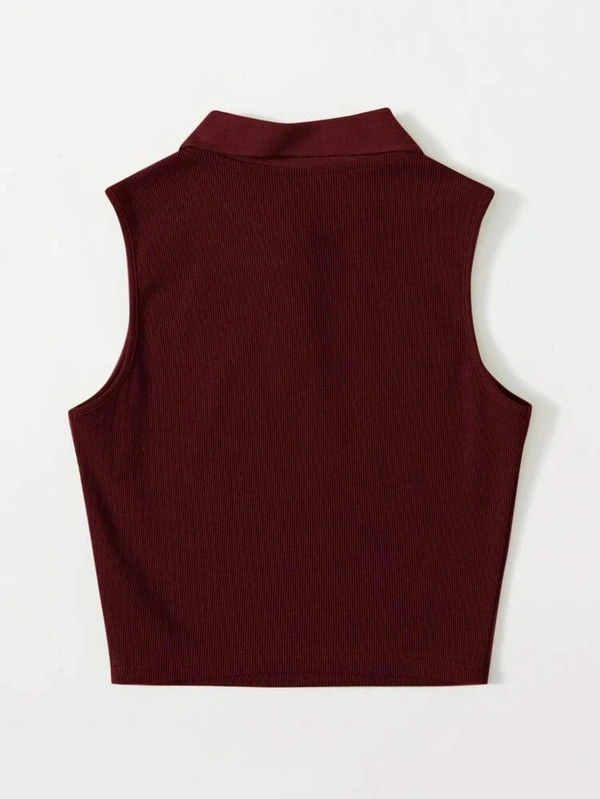 Collared Buttoned Half Placket Tank Top - lycra, M (Bust Size: 32 in, Length Size: 18 in) 