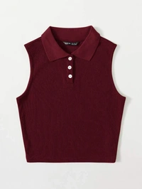 Collared Buttoned Half Placket Tank Top - lycra, M (Bust Size: 32 in, Length Size: 18 in) 