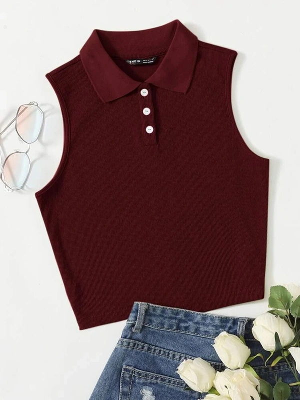 Collared Buttoned Half Placket Tank Top - lycra, M (Bust Size: 32 in, Length Size: 18 in) 