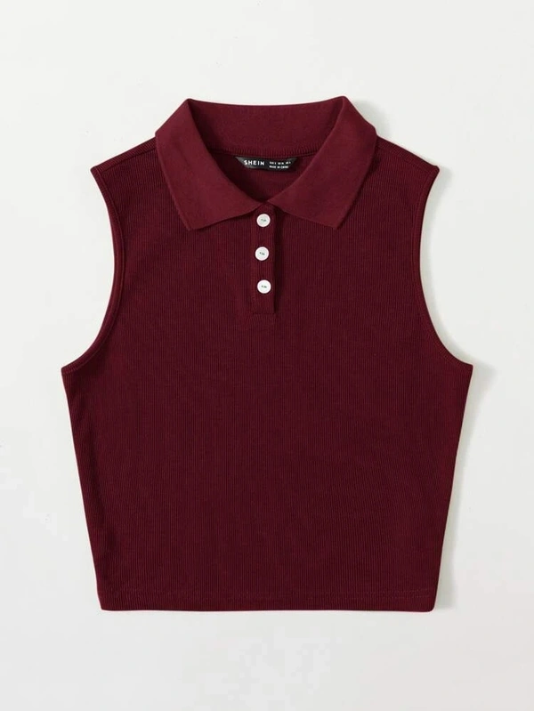 Collared Buttoned Half Placket Tank Top - lycra, L (Bust Size: 34 in, Length Size: 20 in) 