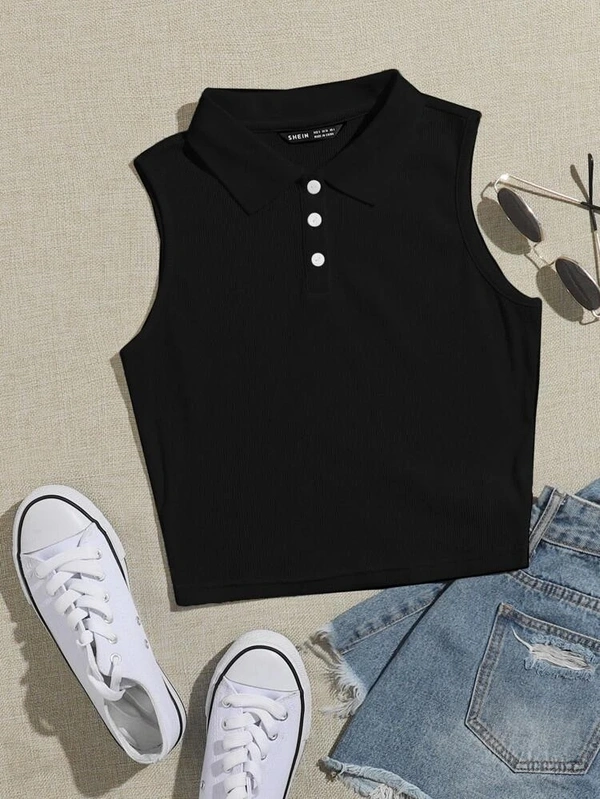 Collared Buttoned Half Placket Tank Top - lycra, S (Bust Size: 30 in, Length Size: 18 in) 