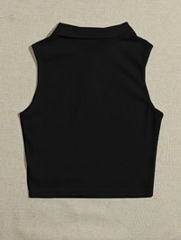 Collared Buttoned Half Placket Tank Top - lycra, M (Bust Size: 32 in, Length Size: 18 in) 