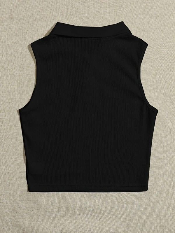 Collared Buttoned Half Placket Tank Top - lycra, M (Bust Size: 32 in, Length Size: 18 in) 