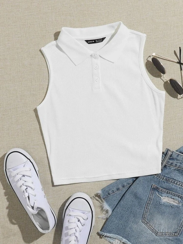 Collared Buttoned Half Placket Tank Top - lycra, S (Bust Size: 30 in, Length Size: 18 in) 