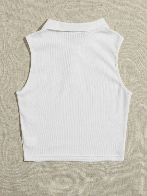 Collared Buttoned Half Placket Tank Top - lycra, S (Bust Size: 30 in, Length Size: 18 in) 