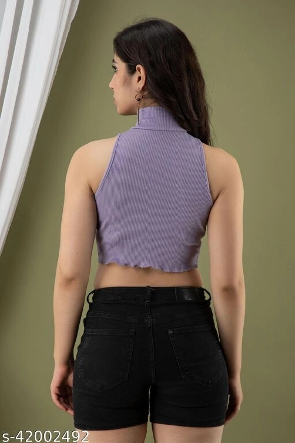 HIGH NECK RIB-KNIT SLIM FIT HALTER TOP - cotton linen, XS (Bust Size: 32 in) 