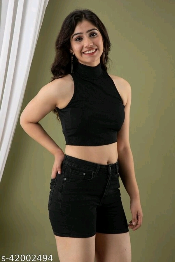 HIGH NECK RIB-KNIT SLIM FIT HALTER TOP - cotton linen, XS (Bust Size: 32 in) 