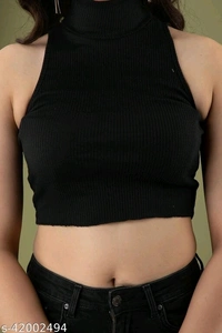 HIGH NECK RIB-KNIT SLIM FIT HALTER TOP - cotton linen, M (Bust Size: 36 in) 