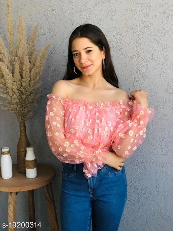 Off Shoulder Imported Net Top  - net, M (Bust Size: 34 in, Length Size: 13 in) 