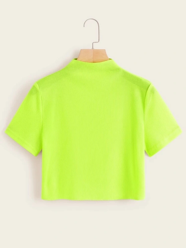 Ribbed High Neck Cropped Tee - cotton, XS (Bust Size: 32 in) 