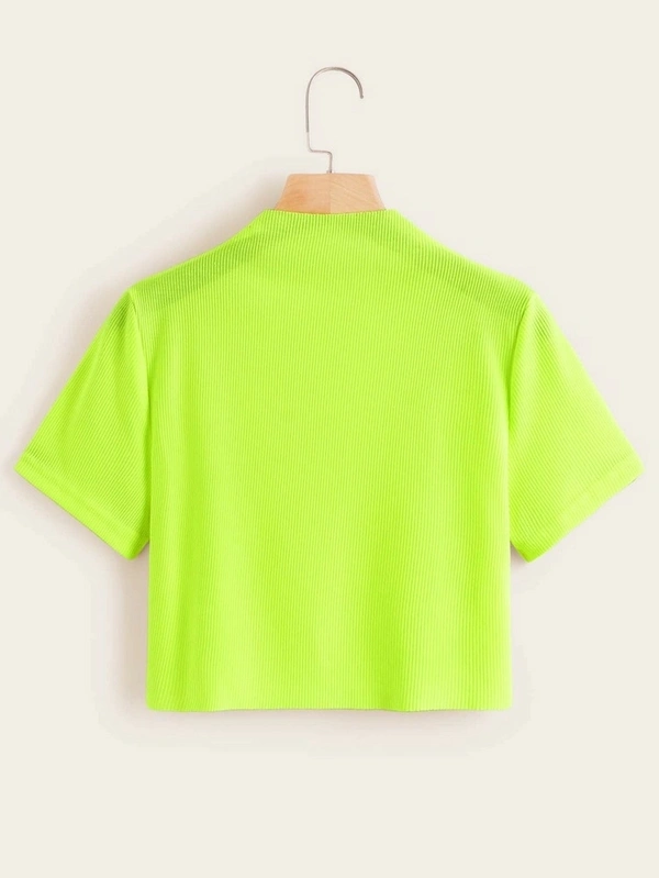Ribbed High Neck Cropped Tee - cotton, S (Bust Size: 34 in) 