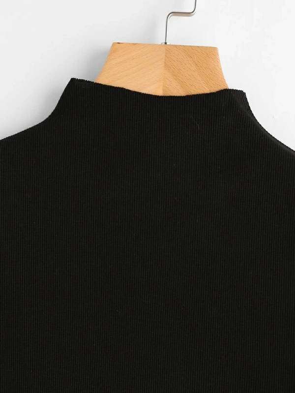 Ribbed High Neck Cropped Tee - cotton, XS (Bust Size: 32 in) 