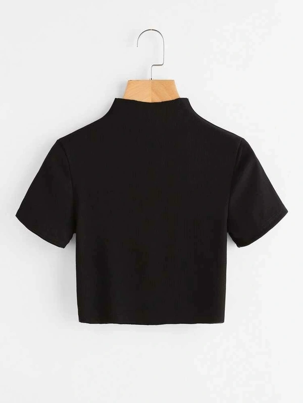 Ribbed High Neck Cropped Tee - cotton, S (Bust Size: 34 in) 