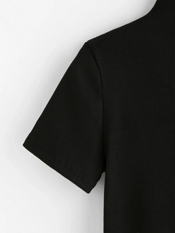 Ribbed High Neck Cropped Tee - cotton, L (Bust Size: 38 in) 