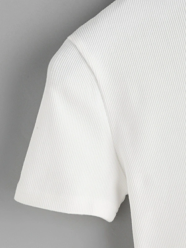 Ribbed High Neck Cropped Tee - cotton, L (Bust Size: 38 in) 
