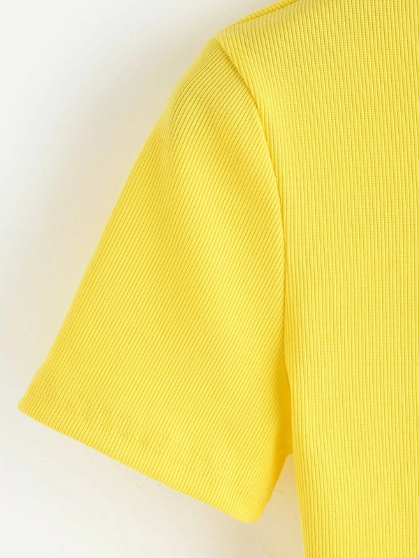 Ribbed High Neck Cropped Tee - cotton, L (Bust Size: 38 in) 