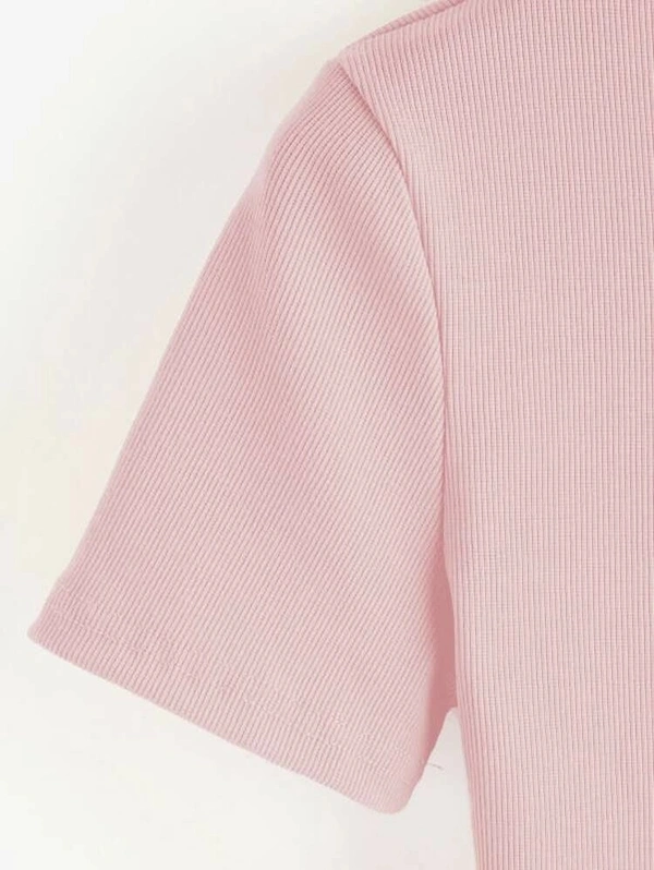 Ribbed High Neck Cropped Tee - cotton, XS (Bust Size: 32 in) 