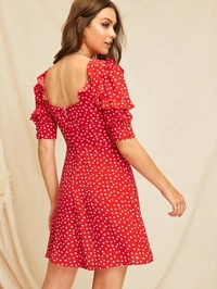 Sweetheart Neck Ruffle Trim Polka Dot Dress - crepe, S (Bust Size: 36 in) 