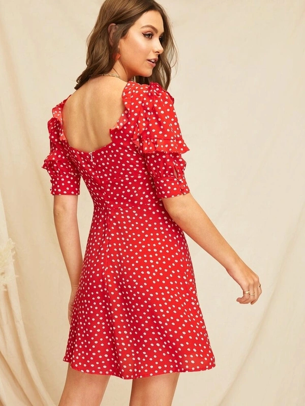 Sweetheart Neck Ruffle Trim Polka Dot Dress - crepe, S (Bust Size: 36 in) 