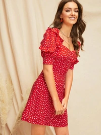 Sweetheart Neck Ruffle Trim Polka Dot Dress - crepe, S (Bust Size: 36 in) 