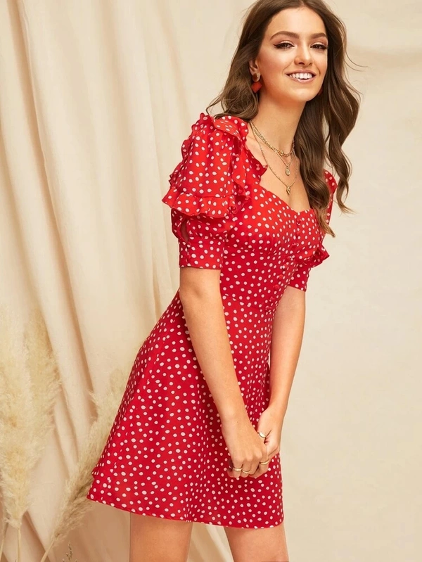 Sweetheart Neck Ruffle Trim Polka Dot Dress - crepe, S (Bust Size: 36 in) 