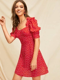 Sweetheart Neck Ruffle Trim Polka Dot Dress - crepe, S (Bust Size: 36 in) 