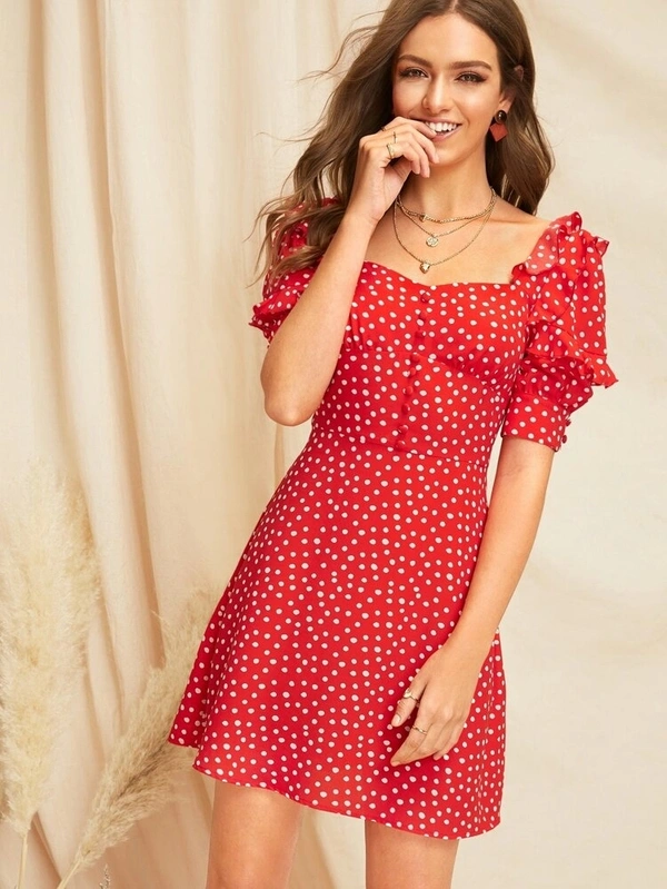 Sweetheart Neck Ruffle Trim Polka Dot Dress - crepe, S (Bust Size: 36 in) 