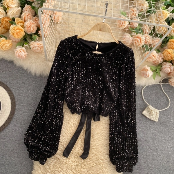 O Neck Chic Sequins Blouse - velvet, M (Bust Size: 38 in, Length Size: 14 in) 