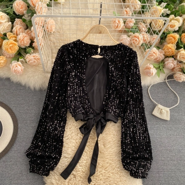 O Neck Chic Sequins Blouse - velvet, XXL (Bust Size: 44 in, Length Size: 14 in) 