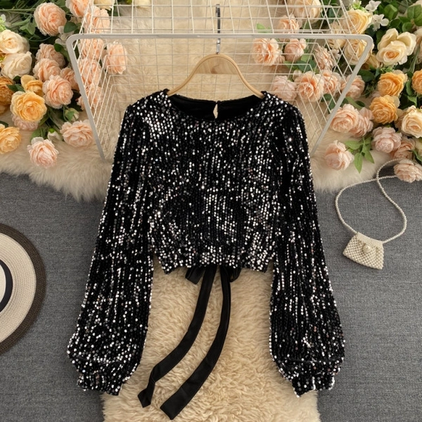 O Neck Chic Sequins Blouse - velvet, XS (Bust Size: 34 in, Length Size: 14 in) 