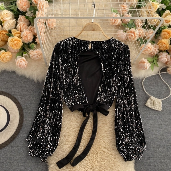 O Neck Chic Sequins Blouse - velvet, XS (Bust Size: 34 in, Length Size: 14 in) 