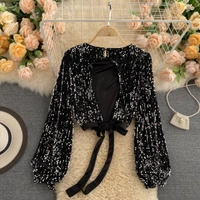 O Neck Chic Sequins Blouse - velvet, M (Bust Size: 38 in, Length Size: 14 in) 