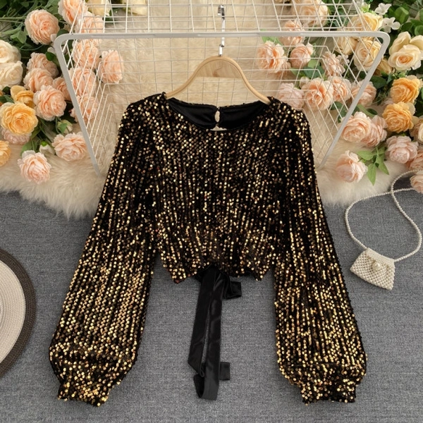 O Neck Chic Sequins Blouse - velvet, XS (Bust Size: 34 in, Length Size: 14 in) 