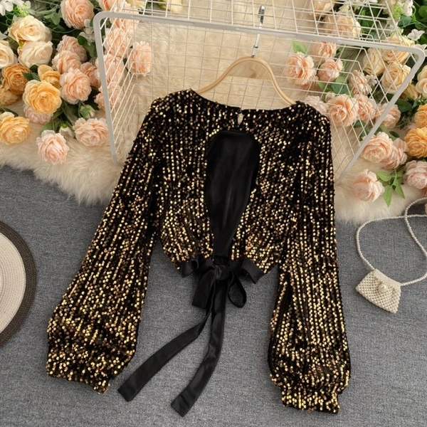 O Neck Chic Sequins Blouse - velvet, XS (Bust Size: 34 in, Length Size: 14 in) 