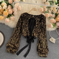 O Neck Chic Sequins Blouse - velvet, S (Bust Size: 36 in, Length Size: 14 in) 