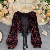 O Neck Chic Sequins Blouse - velvet, XL (Bust Size: 42 in, Length Size: 14 in) 
