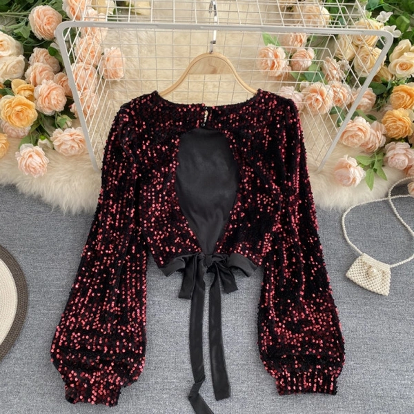 O Neck Chic Sequins Blouse - velvet, XL (Bust Size: 42 in, Length Size: 14 in) 