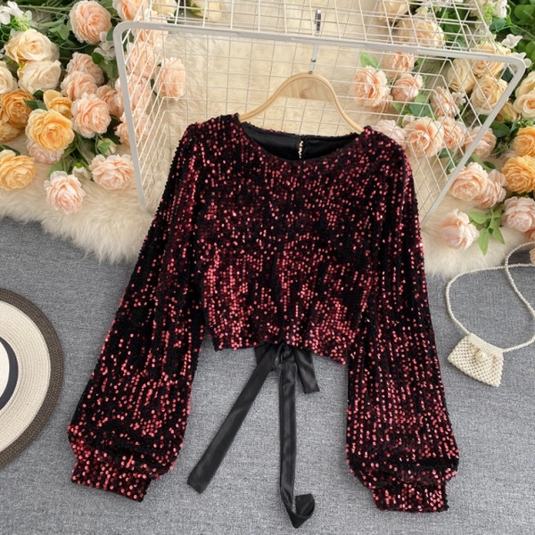 O Neck Chic Sequins Blouse - velvet, XXL (Bust Size: 44 in, Length Size: 14 in) 
