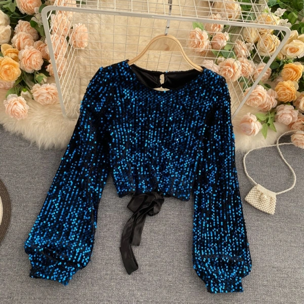 O Neck Chic Sequins Blouse - velvet, M (Bust Size: 38 in, Length Size: 14 in) 