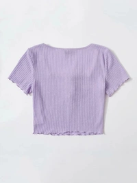 Drawstring Front Lettuce Edge Rib-Knit Tee - lycra, S (Bust Size: 15 in, Length Size: 17 in) 