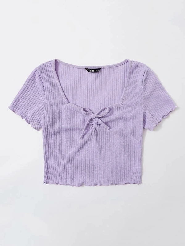 Drawstring Front Lettuce Edge Rib-Knit Tee - lycra, S (Bust Size: 15 in, Length Size: 17 in) 