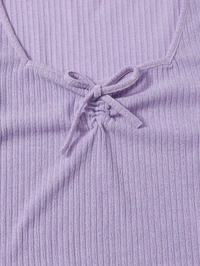 Drawstring Front Lettuce Edge Rib-Knit Tee - lycra, S (Bust Size: 15 in, Length Size: 17 in) 