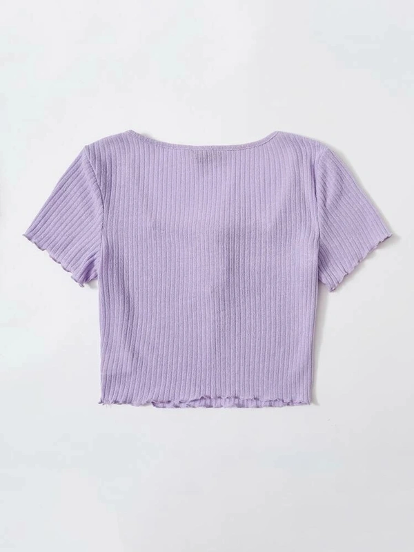 Drawstring Front Lettuce Edge Rib-Knit Tee - lycra, M (Bust Size: 15 in, Length Size: 17 in) 