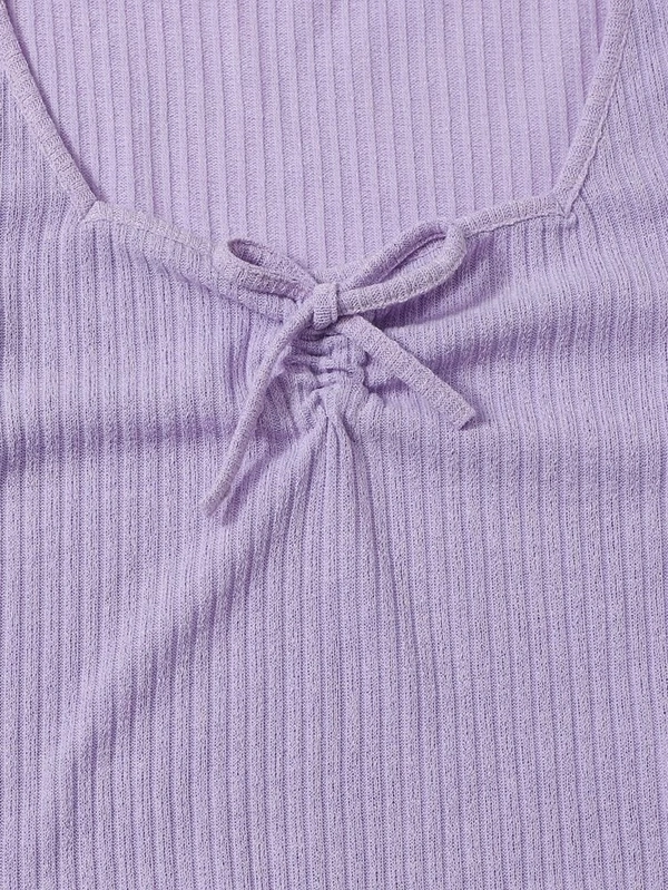 Drawstring Front Lettuce Edge Rib-Knit Tee - lycra, M (Bust Size: 15 in, Length Size: 17 in) 