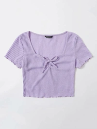 Drawstring Front Lettuce Edge Rib-Knit Tee - lycra, L (Bust Size: 16 in, Length Size: 18 in) 