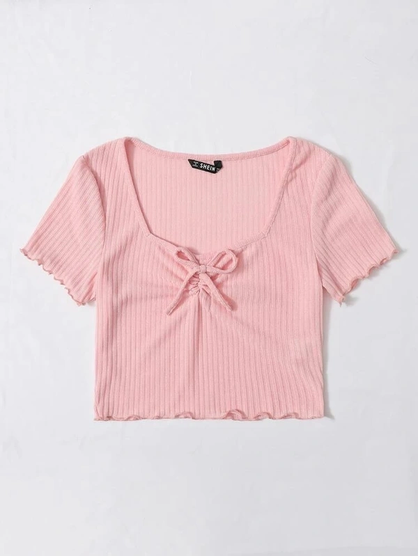 Drawstring Front Lettuce Edge Rib-Knit Tee - lycra, XS (Bust Size: 14 in, Length Size: 17 in) 