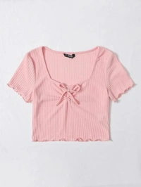 Drawstring Front Lettuce Edge Rib-Knit Tee - lycra, M (Bust Size: 15 in, Length Size: 17 in) 
