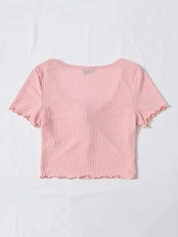 Drawstring Front Lettuce Edge Rib-Knit Tee - lycra, M (Bust Size: 15 in, Length Size: 17 in) 