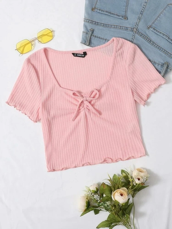 Drawstring Front Lettuce Edge Rib-Knit Tee - lycra, M (Bust Size: 15 in, Length Size: 17 in) 